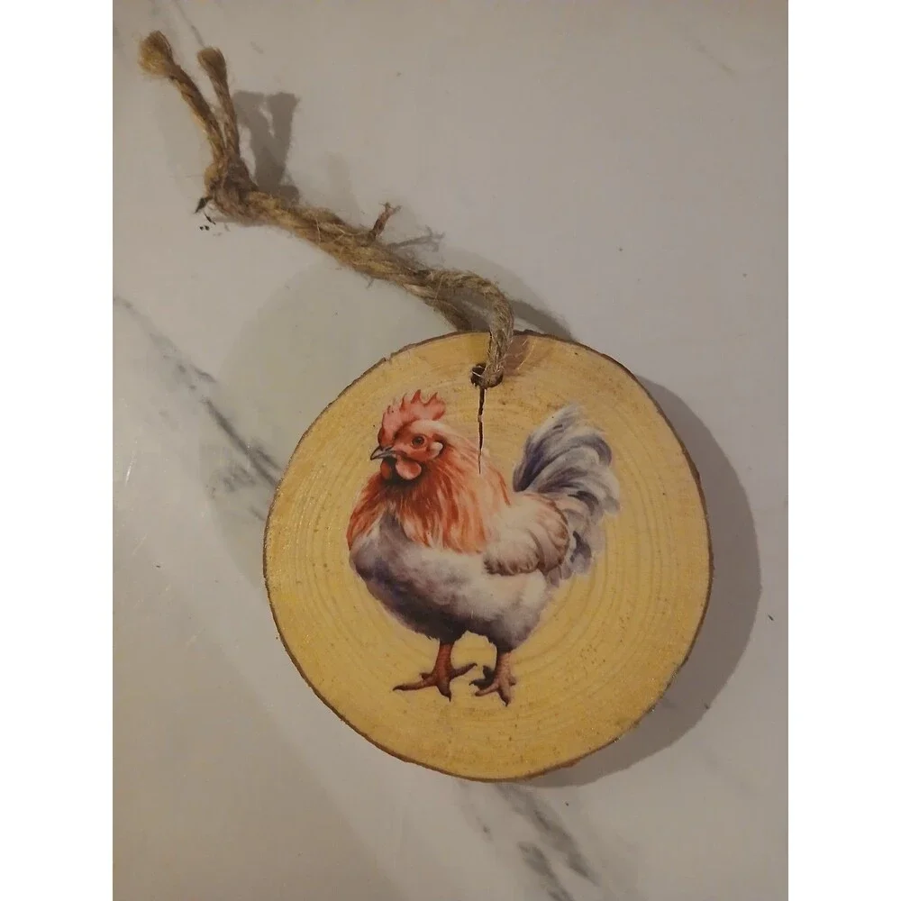 Handmade Woodslice Chicken Ornaments Primitive Cottage Rustic Holiday Gift